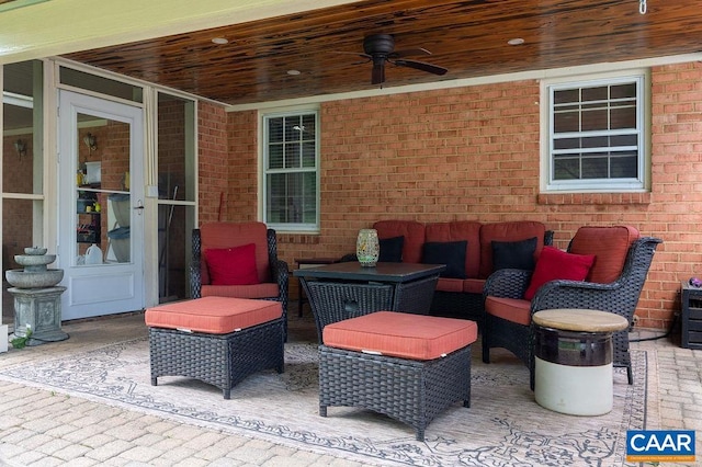 view of patio / terrace featuring ceiling fan and an outdoor hangout area