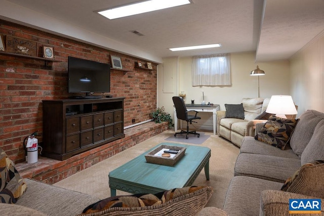 carpeted living area with an office area