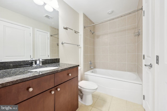 bathroom with tile patterned flooring, toilet, shower / bathtub combination, and vanity