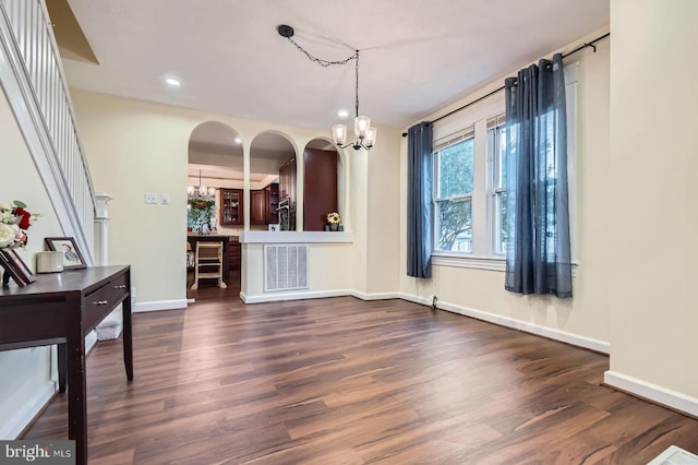 5622 Pilgrim Rd, Baltimore, MD 21214 - unfurnished dining area featuring a chandelier, dark wood-type flooring, and recessed lighting