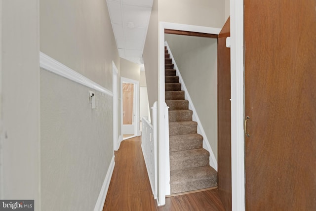 staircase with wood finished floors and baseboards
