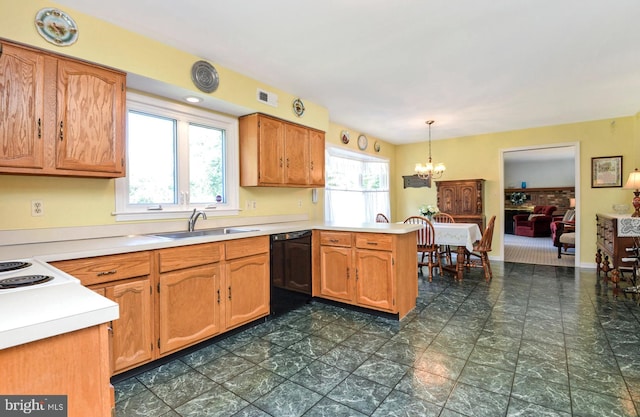 2 W Cartwright Dr, Princeton Junction, NJ 08550 - kitchen featuring a sink, a peninsula, black dishwasher, light countertops, and a chandelier