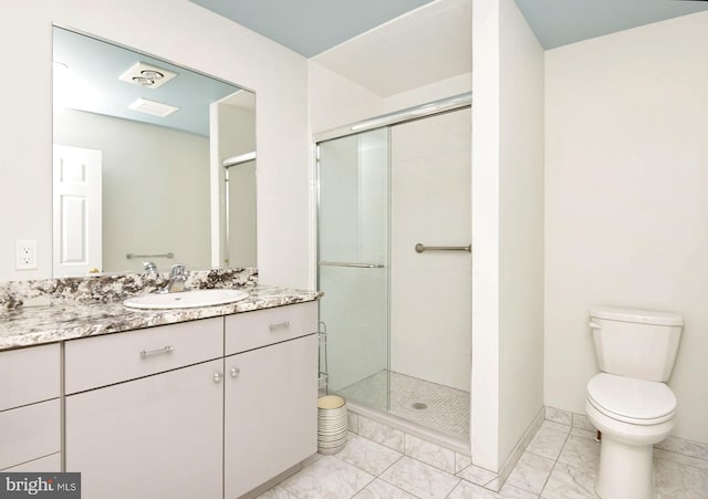 2 W Cartwright Dr, Princeton Junction, NJ 08550 - bathroom with marble look tile flooring, a shower stall, toilet, vanity, and baseboards