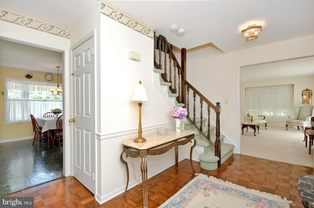 2 W Cartwright Dr, Princeton Junction, NJ 08550 - entryway with stairs, baseboards, and a chandelier