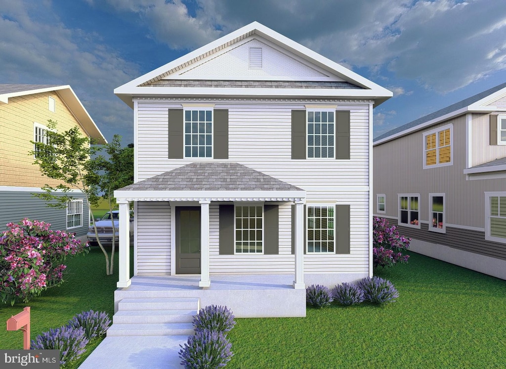 view of front facade featuring covered porch and a front yard