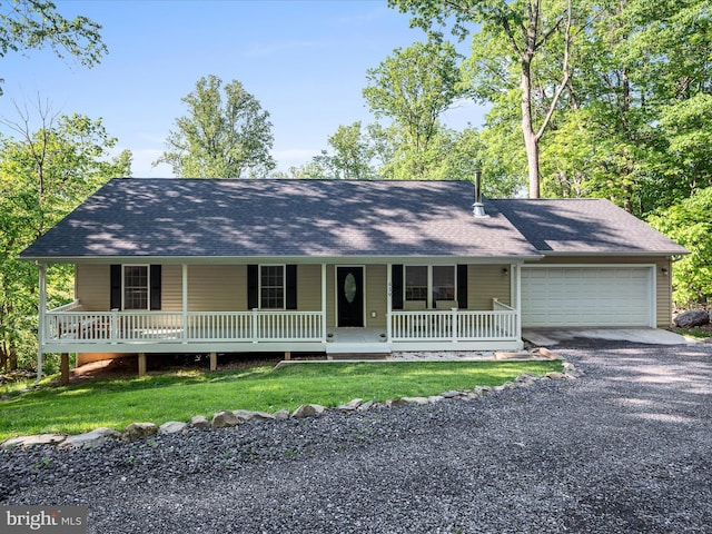 439 Windy Way, Front Royal, VA 22630 - view of front of property featuring covered porch, an attached garage, gravel driveway, a shingled roof, and a front lawn