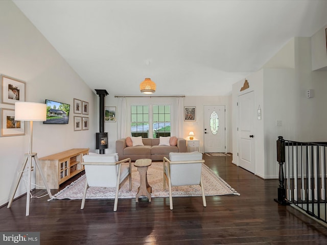 439 Windy Way, Front Royal, VA 22630 - living area with a wood stove, wood finished floors, and baseboards