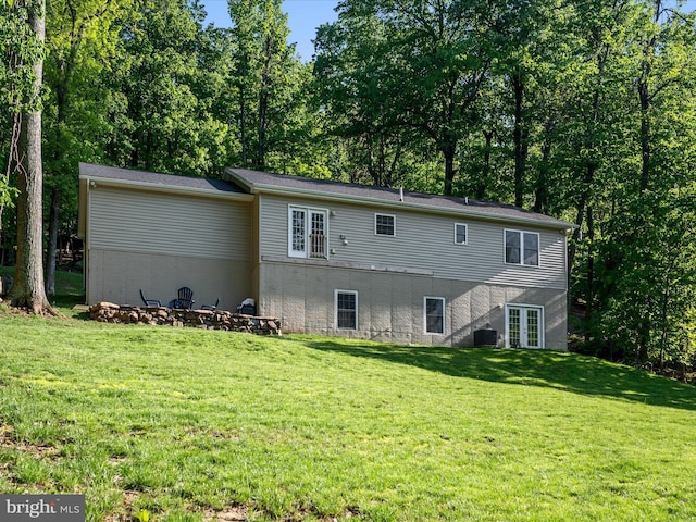 439 Windy Way, Front Royal, VA 22630 - rear view of house with french doors, central air condition unit, a yard, and view of scattered trees