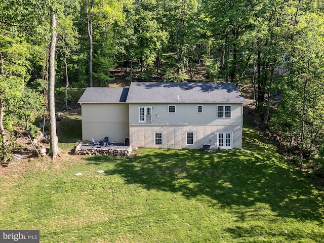 439 Windy Way, Front Royal, VA 22630 - back of property with french doors, a patio area, a lawn, and central air condition unit