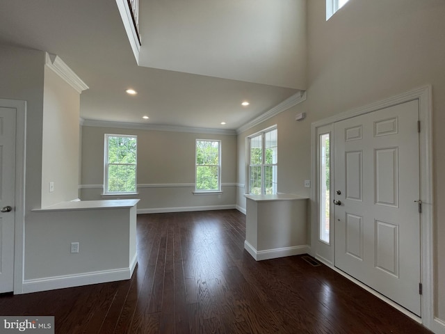 foyer with ornamental molding, plenty of natural light, dark wood-type flooring, baseboards, and recessed lighting