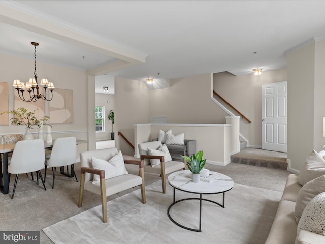 1604 Hunting Creek Dr Unit B, Alexandria, VA 22314 - living room with stairs, ornamental molding, carpet flooring, and a chandelier