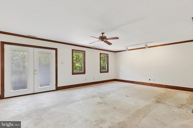 3789 Stump Rd, Doylestown, PA 18902 - unfurnished room featuring french doors, concrete floors, crown molding, baseboards, and ceiling fan