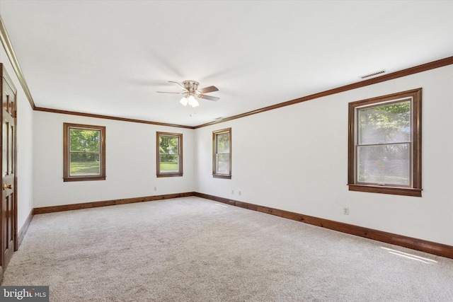 3789 Stump Rd, Doylestown, PA 18902 - spare room featuring baseboards, light colored carpet, a ceiling fan, plenty of natural light, and ornamental molding