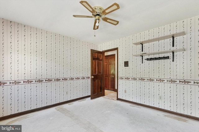 3789 Stump Rd, Doylestown, PA 18902 - empty room with wallpapered walls, unfinished concrete flooring, and ceiling fan