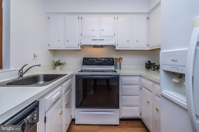 264 Summit House Unit 264, West Chester, PA 19382 - kitchen with electric range oven, a sink, under cabinet range hood, dishwasher, and white cabinets