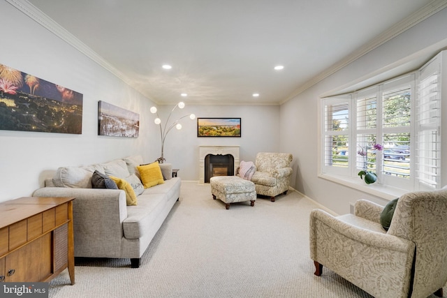 5101 Ampthill Dr, Alexandria, VA 22312 - carpeted living area featuring crown molding, recessed lighting, and a premium fireplace