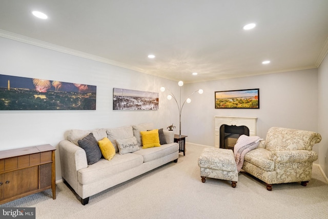 5101 Ampthill Dr, Alexandria, VA 22312 - living area featuring carpet floors, recessed lighting, ornamental molding, a fireplace, and baseboards
