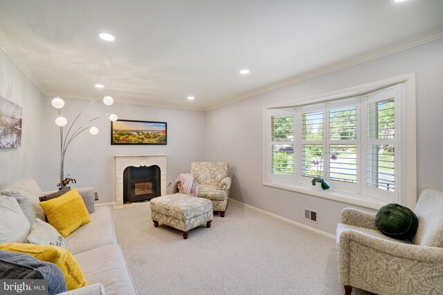 5101 Ampthill Dr, Alexandria, VA 22312 - carpeted living area featuring crown molding, recessed lighting, a high end fireplace, and baseboards