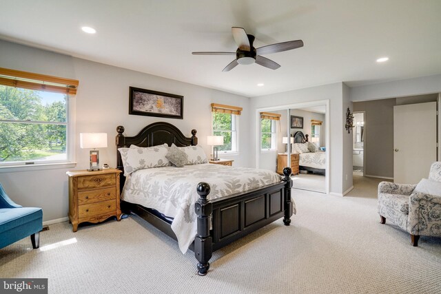 5101 Ampthill Dr, Alexandria, VA 22312 - bedroom featuring light carpet, baseboards, recessed lighting, ensuite bathroom, and a ceiling fan
