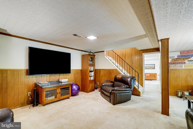 5101 Ampthill Dr, Alexandria, VA 22312 - carpeted living area featuring wooden walls, stairway, a wainscoted wall, and ornamental molding