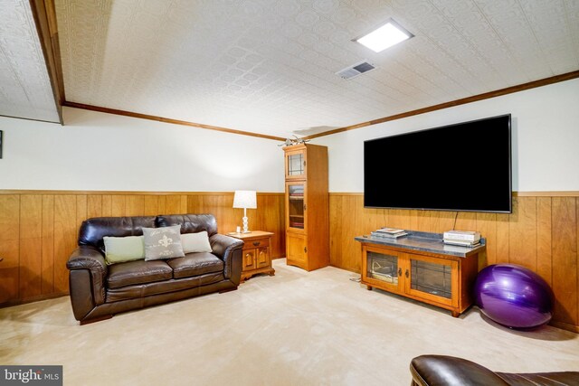 5101 Ampthill Dr, Alexandria, VA 22312 - carpeted living area with wainscoting, ornamental molding, and wooden walls