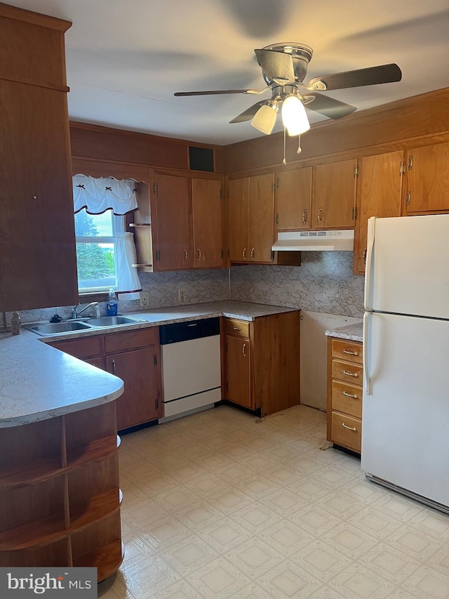 313 Northfield Ave, Waynesboro, PA 17268 - kitchen featuring white appliances, under cabinet range hood, open shelves, ceiling fan, and brown cabinetry