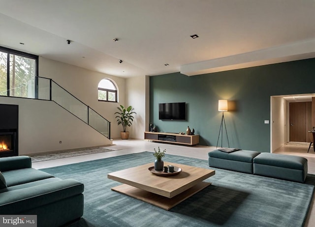 6 Evan Way, Pikesville, MD 21208 - living area featuring stairway and a warm lit fireplace
