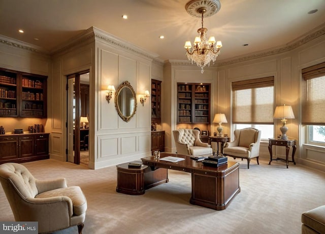 6 Evan Way, Pikesville, MD 21208 - living area featuring a decorative wall, crown molding, light colored carpet, a chandelier, and built in features