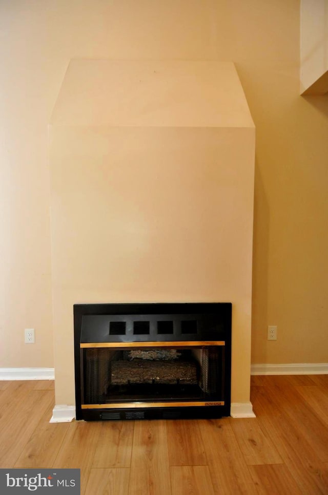 detailed view of a glass covered fireplace, wood finished floors, and baseboards