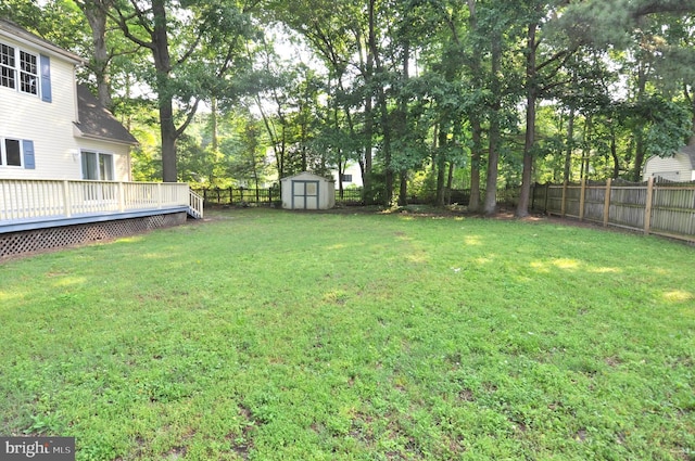 view of yard with a storage shed, a deck, and an outbuilding