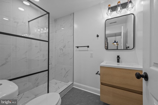 2564 Forrest Ave, Bensalem, PA 19020 - bathroom with a marble finish shower, baseboards, toilet, and vanity