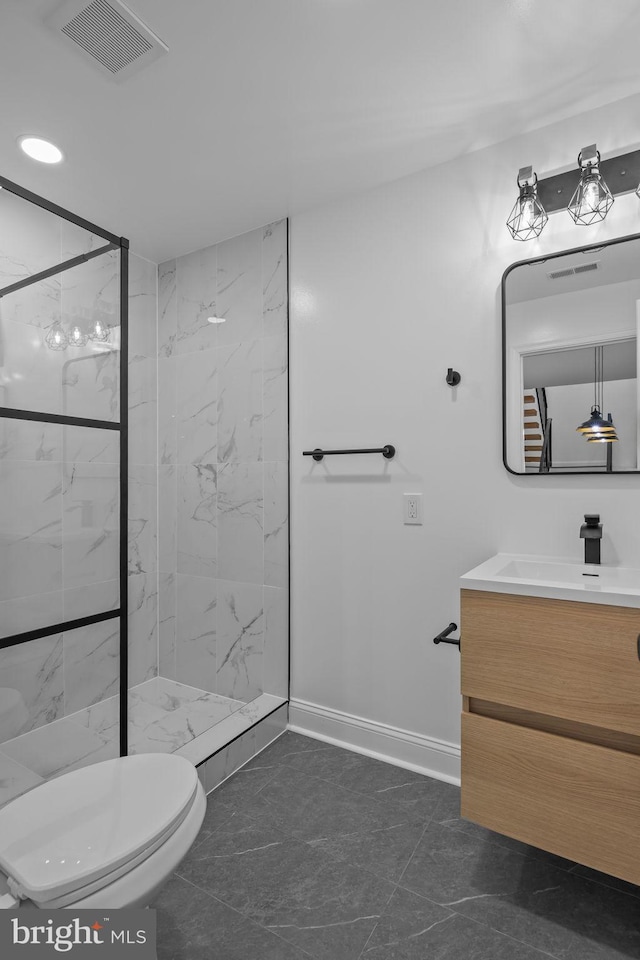 2564 Forrest Ave, Bensalem, PA 19020 - full bath featuring a marble finish shower, baseboards, toilet, and vanity