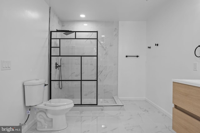 2564 Forrest Ave, Bensalem, PA 19020 - bathroom with toilet, marble look tile flooring, baseboards, a marble finish shower, and vanity