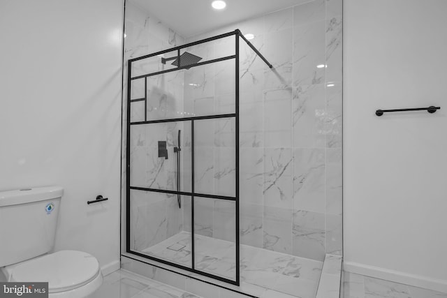 2564 Forrest Ave, Bensalem, PA 19020 - full bathroom with marble finish floors, baseboards, a marble finish shower, toilet, and recessed lighting