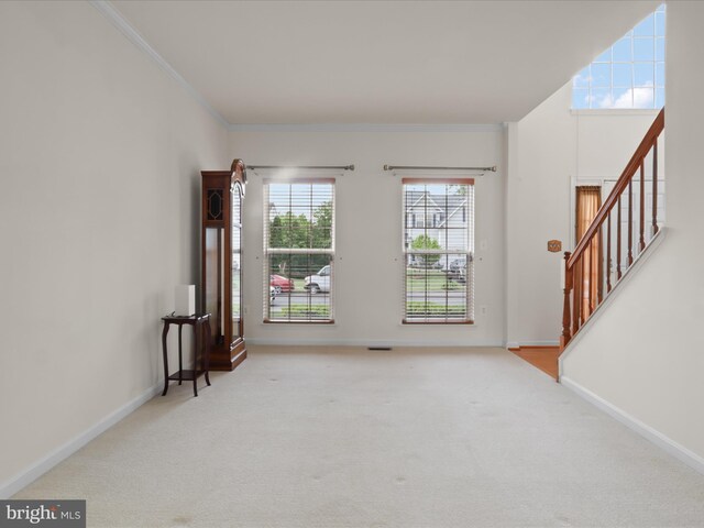 5204 Spanish Dollar Ct, Woodbridge, VA 22193 - unfurnished living room with stairs, carpet flooring, ornamental molding, and baseboards