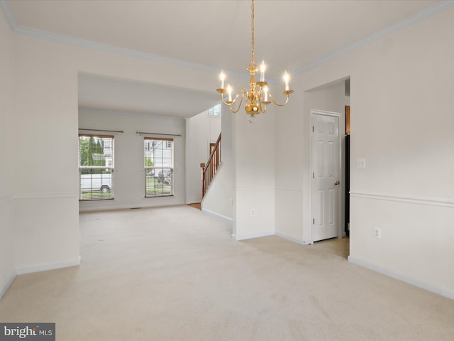 5204 Spanish Dollar Ct, Woodbridge, VA 22193 - spare room with ornamental molding, a chandelier, stairs, light carpet, and baseboards