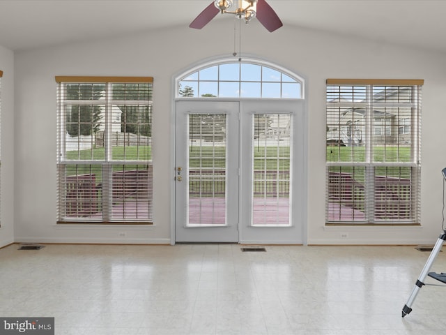 5204 Spanish Dollar Ct, Woodbridge, VA 22193 - doorway featuring lofted ceiling, a ceiling fan, and baseboards
