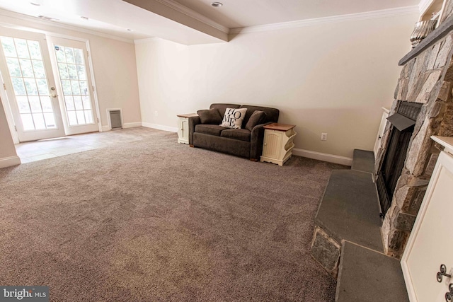 14365 Salsbury Ct, Woodbridge, VA 22193 - living area featuring a fireplace with raised hearth, crown molding, light carpet, and baseboards