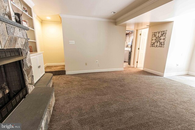 14365 Salsbury Ct, Woodbridge, VA 22193 - unfurnished living room with ornamental molding, a fireplace, light colored carpet, baseboards, and recessed lighting