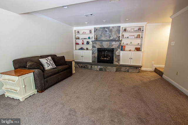 14365 Salsbury Ct, Woodbridge, VA 22193 - living room featuring a stone fireplace, crown molding, carpet floors, baseboards, and recessed lighting