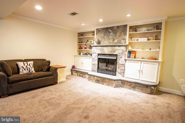 14365 Salsbury Ct, Woodbridge, VA 22193 - living room featuring carpet floors, baseboards, a fireplace, crown molding, and recessed lighting