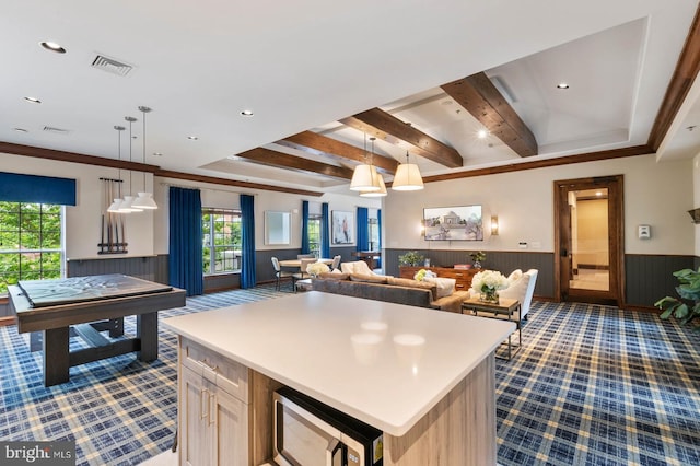 12958 Centre Park Cir Unit 219, Herndon, VA 20171 - kitchen with wainscoting, dark carpet, open floor plan, light countertops, and recessed lighting