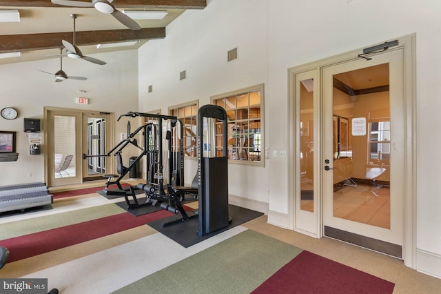 12958 Centre Park Cir Unit 219, Herndon, VA 20171 - exercise area featuring a ceiling fan, french doors, carpet floors, and high vaulted ceiling