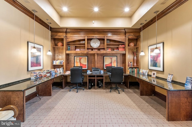 12958 Centre Park Cir Unit 219, Herndon, VA 20171 - office area featuring built in desk, a raised ceiling, built in shelves, and recessed lighting