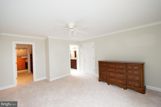 5470 Moose Lodge Rd, Cambridge, MD 21613 - bedroom featuring ornamental molding, light colored carpet, connected bathroom, and a ceiling fan