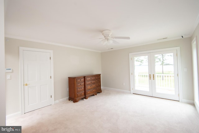5470 Moose Lodge Rd, Cambridge, MD 21613 - unfurnished bedroom with access to exterior, light carpet, crown molding, french doors, and a ceiling fan