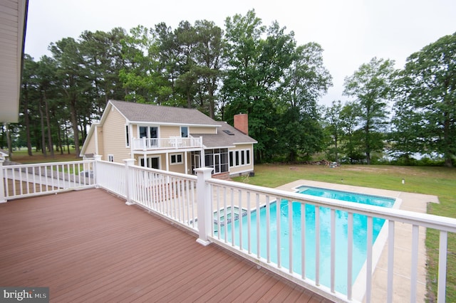 5470 Moose Lodge Rd, Cambridge, MD 21613 - swimming pool with a wooden deck, a yard, and view of wooded area