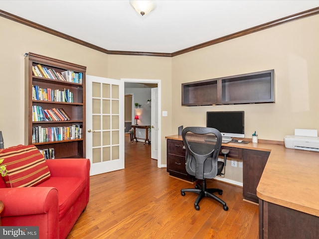 6470 Saddlebrook Ln, Frederick, MD 21701 - office area featuring ornamental molding, wood finished floors, and french doors