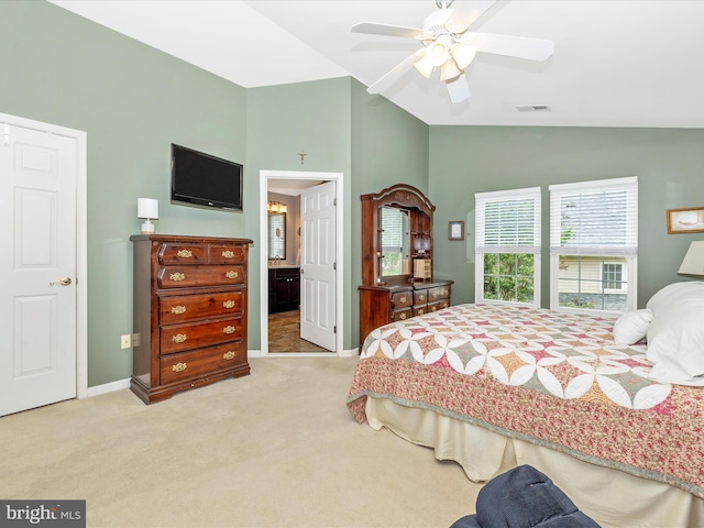 6470 Saddlebrook Ln, Frederick, MD 21701 - bedroom featuring light carpet, baseboards, vaulted ceiling, ceiling fan, and ensuite bath