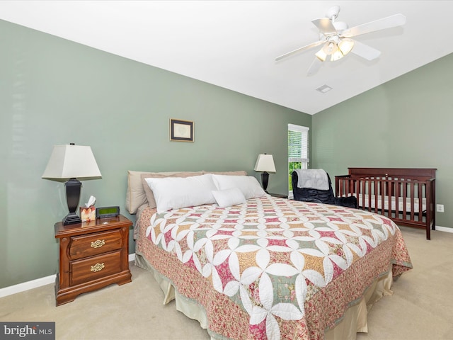 6470 Saddlebrook Ln, Frederick, MD 21701 - carpeted bedroom featuring vaulted ceiling, baseboards, and ceiling fan